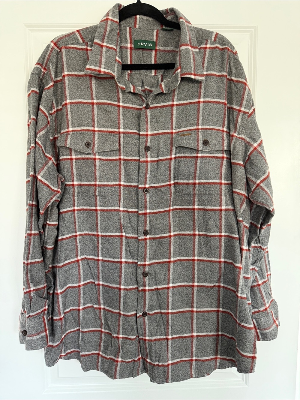 Orvis Grey Plaid Button-Front Shirt Jacket with Red Windowpane
